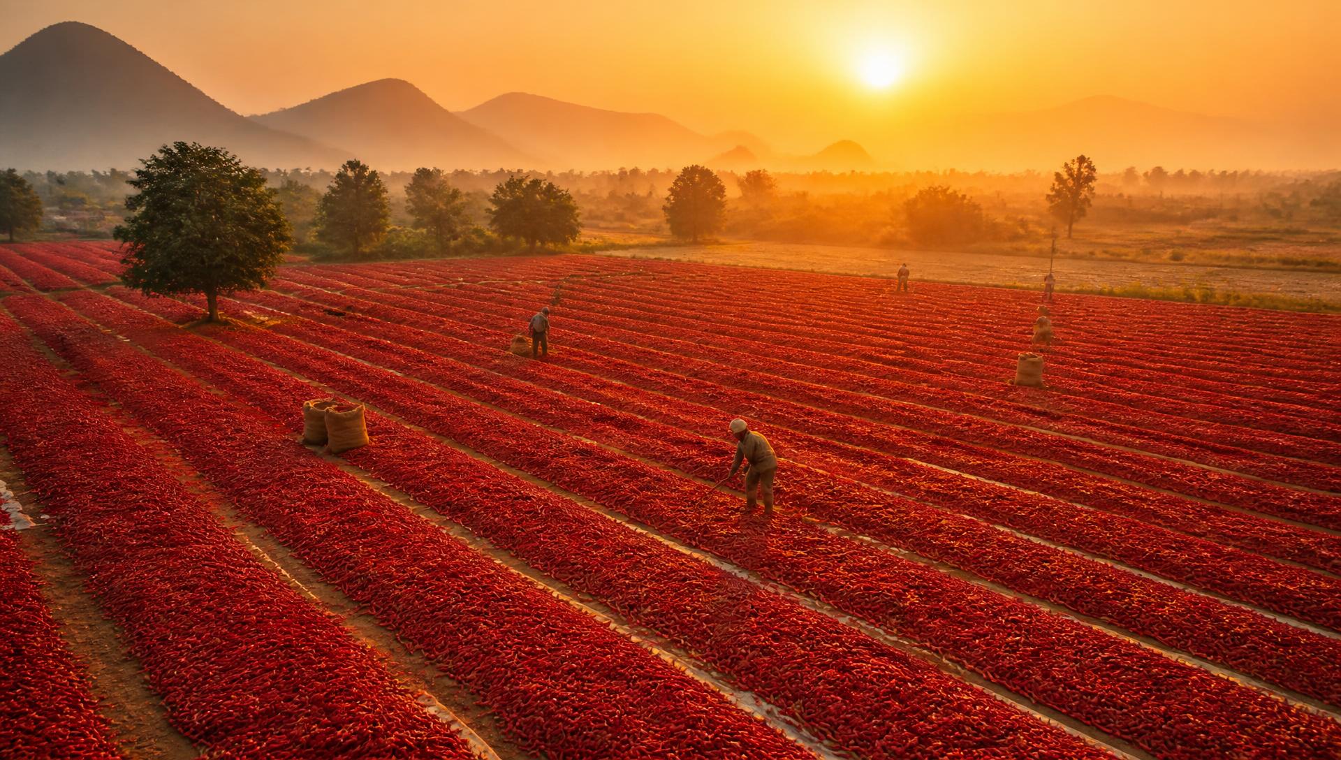 Guntur chilli farms at sunrise